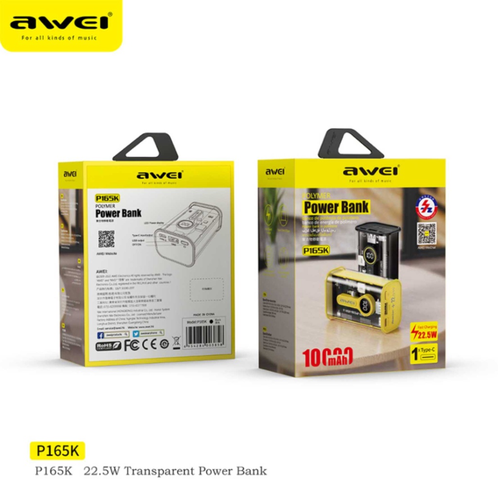 Awei 10000mAh 22.5W Fast Charging Power Bank P165K