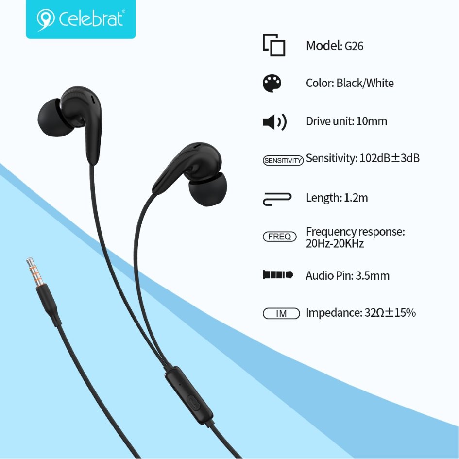 Celebrat 3.5mm Wired Stereo Earphone G26
