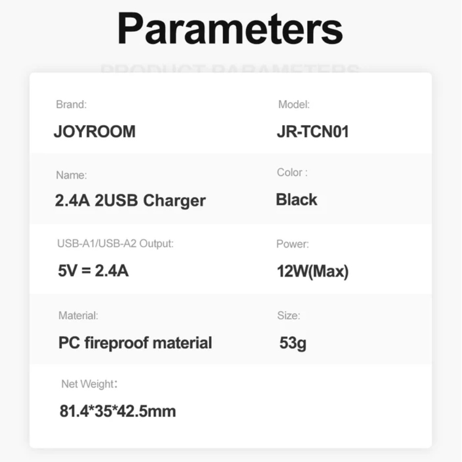 JOYROOM 12W 2.4A 2USB Smart Charger JR-TCN01