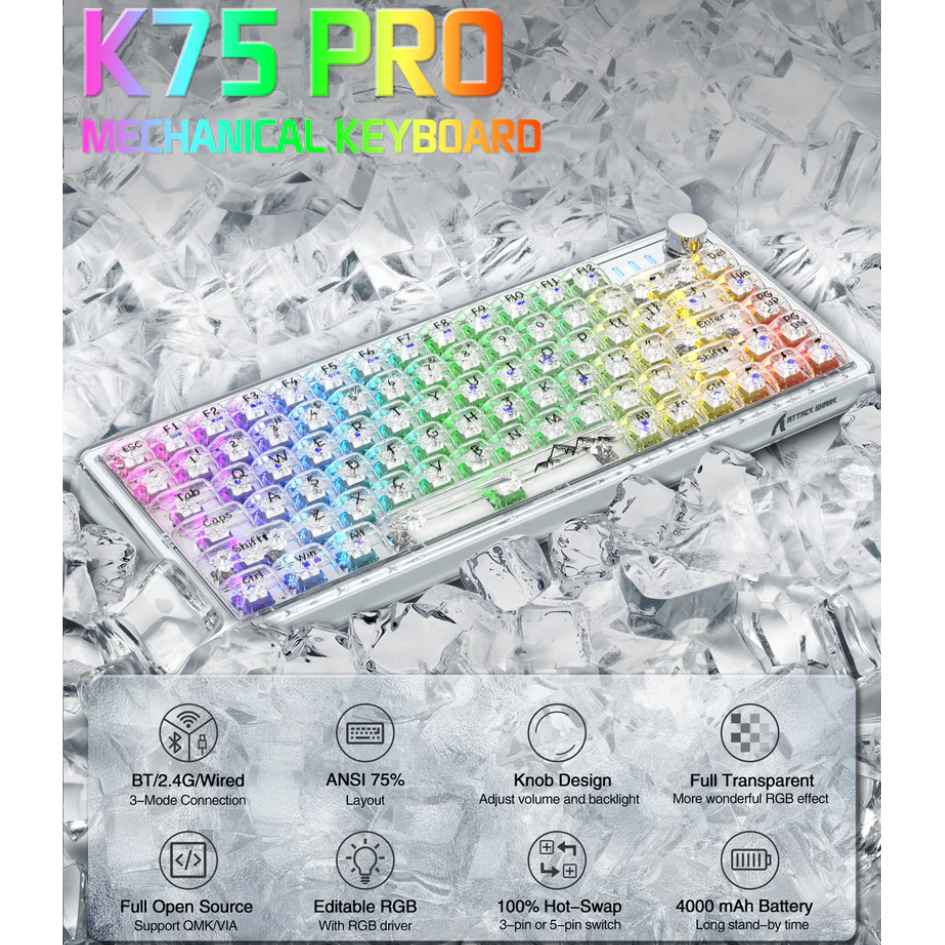 Attack Shark Transparent Mechanical Wired Keyboard K75 RGB