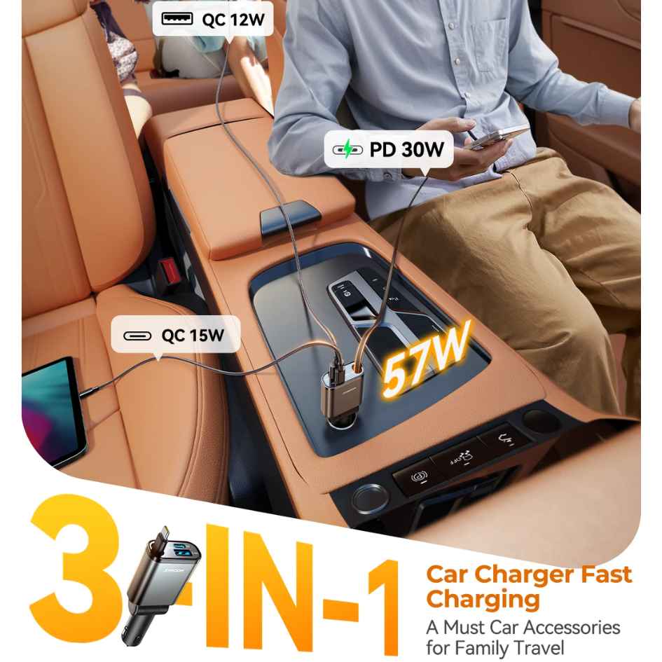 JOYROOM 30W 3 in 1 Retractable Car Charger JR-CCL07