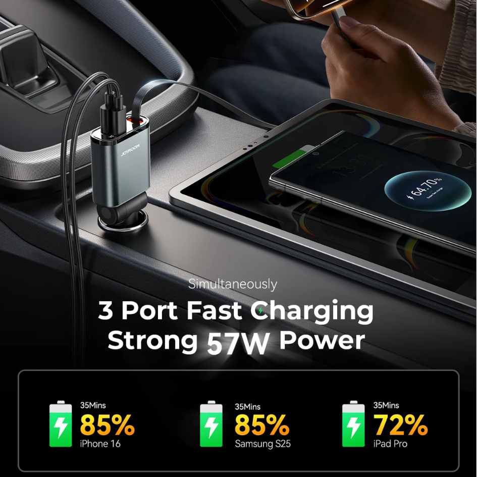 JOYROOM 30W 3 in 1 Retractable Car Charger JR-CCL07