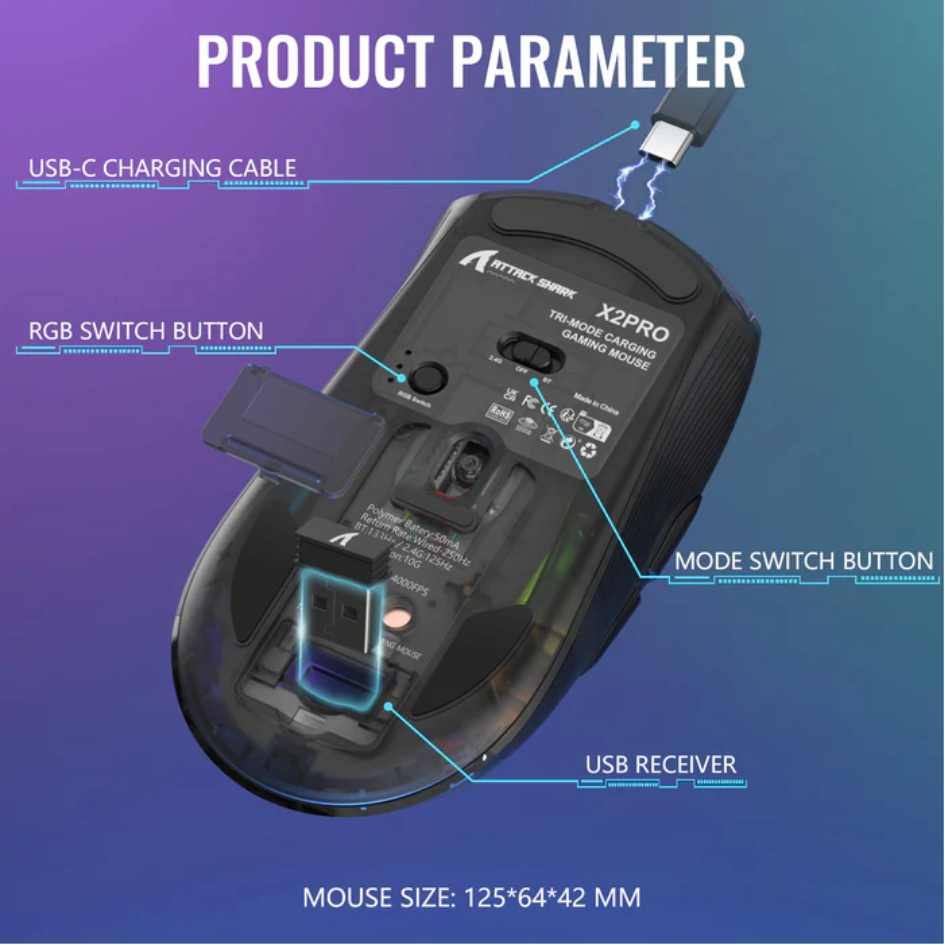 Attack Shark RGB Semi-Transparent Mouse Wired+2.4G+BT Connection X2 Pro