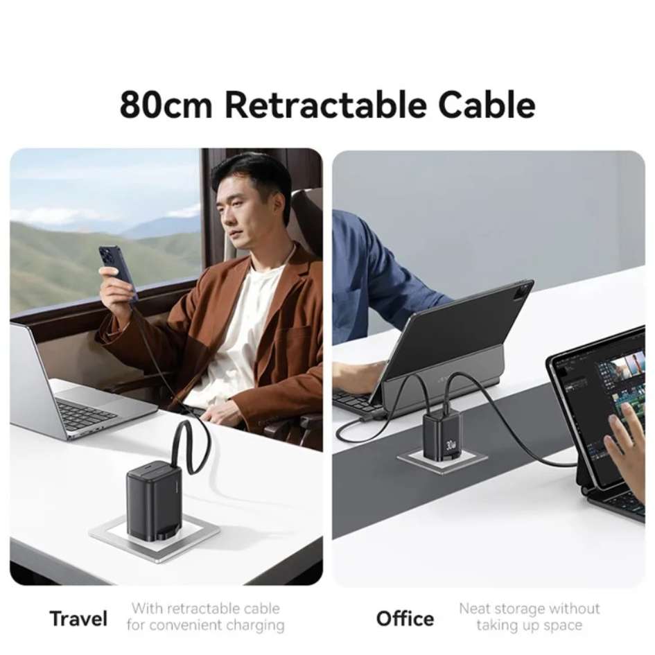 USAMS 30W Charger (UK) with Type-C Retractable Cable CC245
