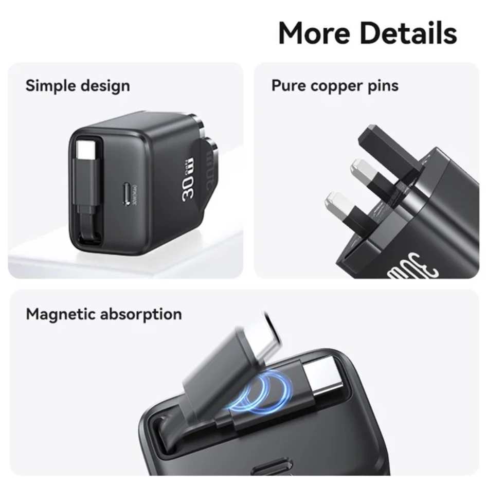 USAMS 30W Charger (UK) with Type-C Retractable Cable CC245