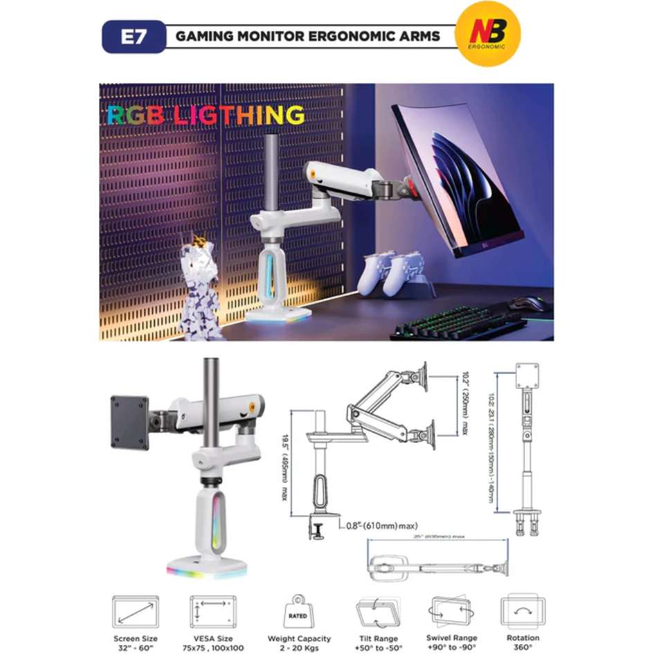 NB E7 Gaming Monitor Arm 32"-60"