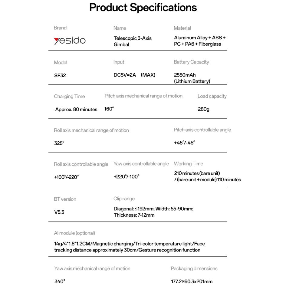 Yesido 3-Axis Gimbal Stabilizer SF32