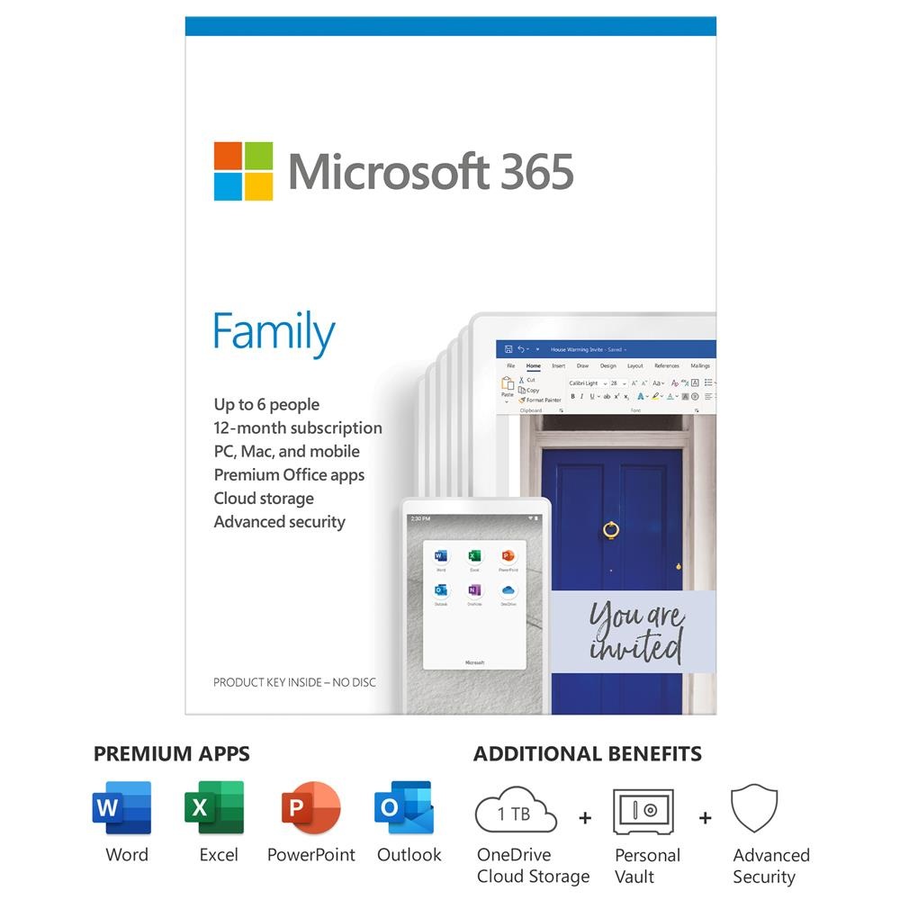 Microsoft 365 Family English Subscription 1YR Medialess P6 - Up to 6 People.