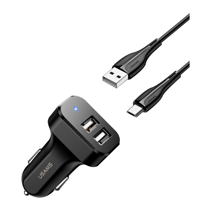 USAMS TRAVEL CAR CHARGER KIT KING TU SERIES (U35 MICRO DATA AND CHARGING CABLE 1M BLACK+ C13 2.1A DUAL USB CAR CHARGER BLACK) USAMS-NT