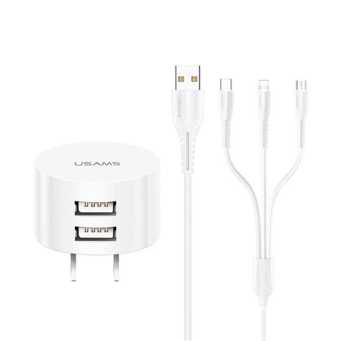 USAMS Dual USB Wall Round Travel Charger + 3 in 1 Charging Cable