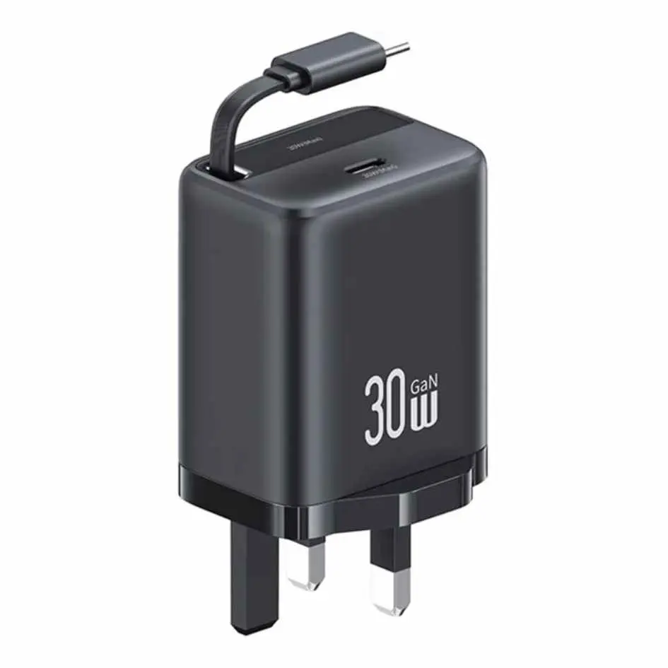 USAMS 30W Charger (UK) with Type-C Retractable Cable CC245
